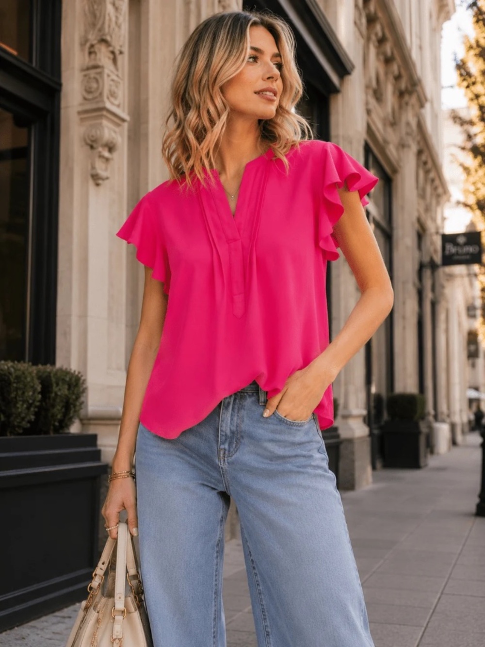 "Mine" Women's Short Ruffle Sleeve V-Neck Detailed Blouse - Hot Pink / White